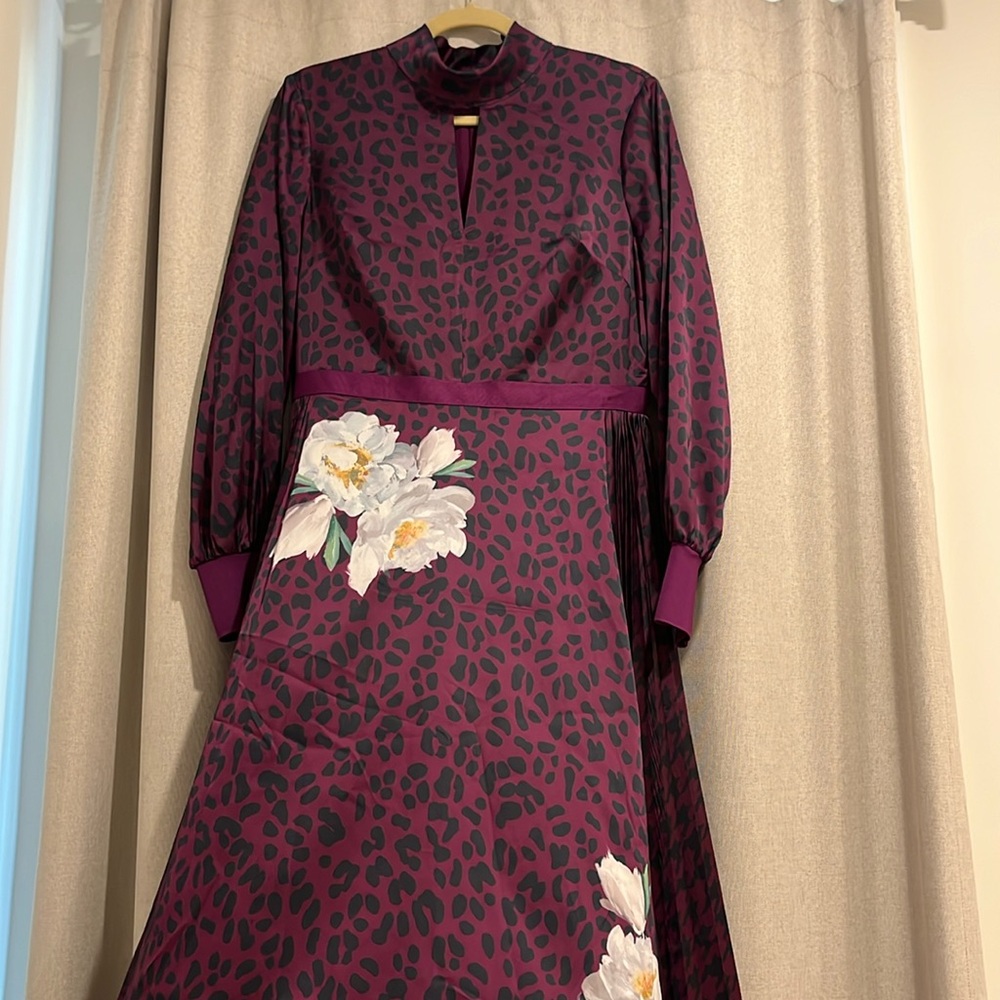 Ted Baker London Purple Navy Cheetah with Flower Midi Dress, Ted Baker Size 3